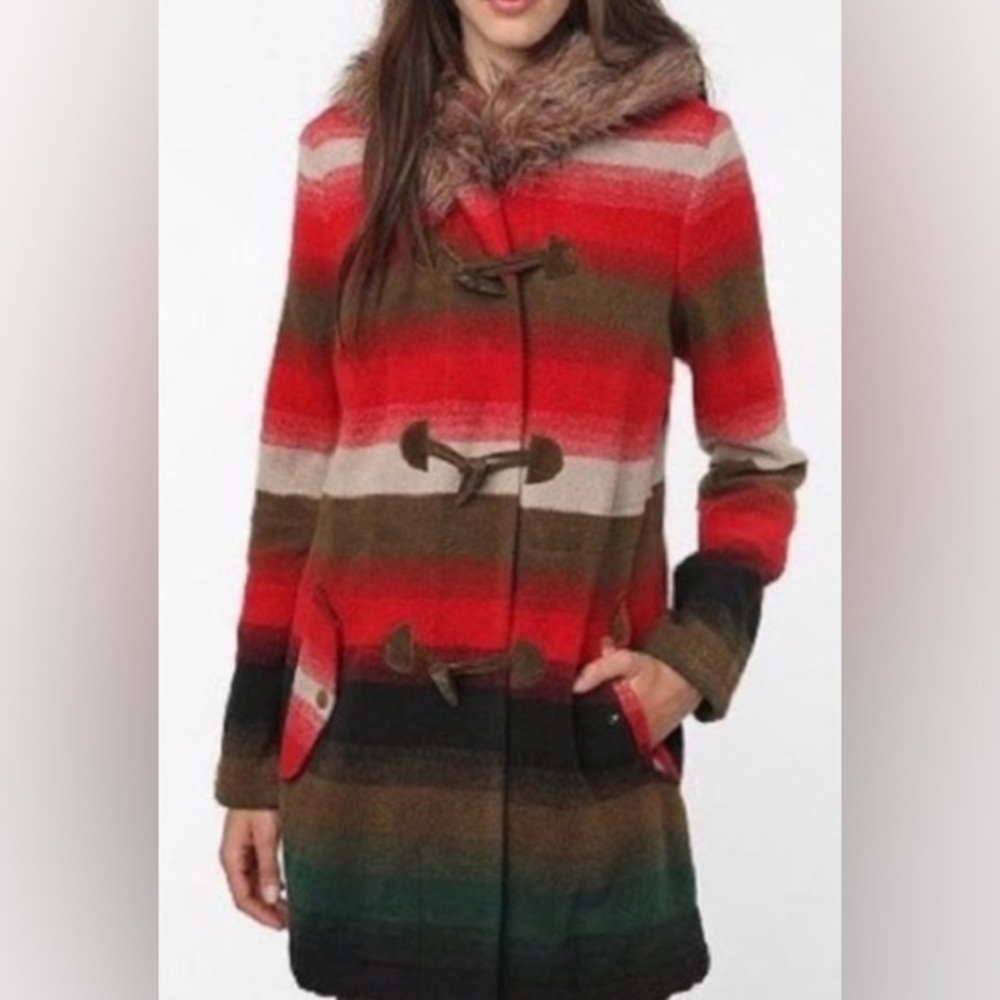 BB Dakota Multicolor Winter Coat with Faux Fur Trim Hood